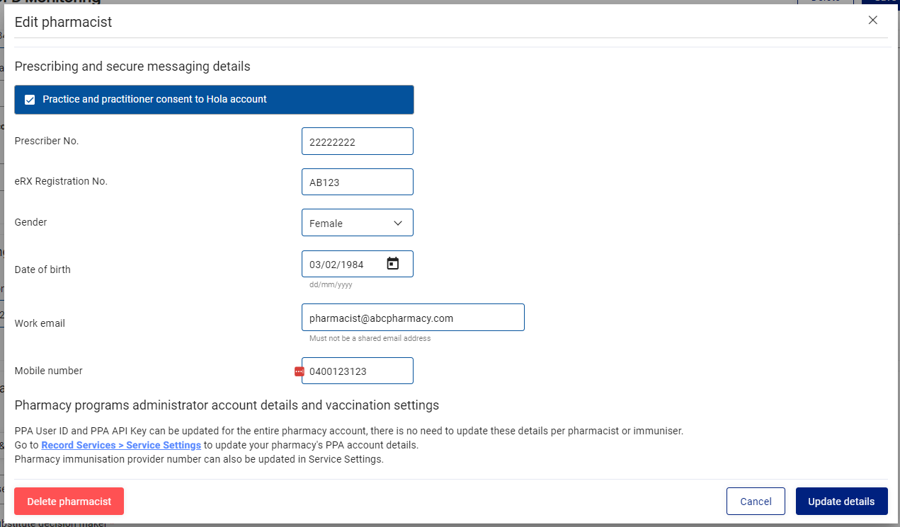 Edit pharmacist prescribing and secure messaging details.png